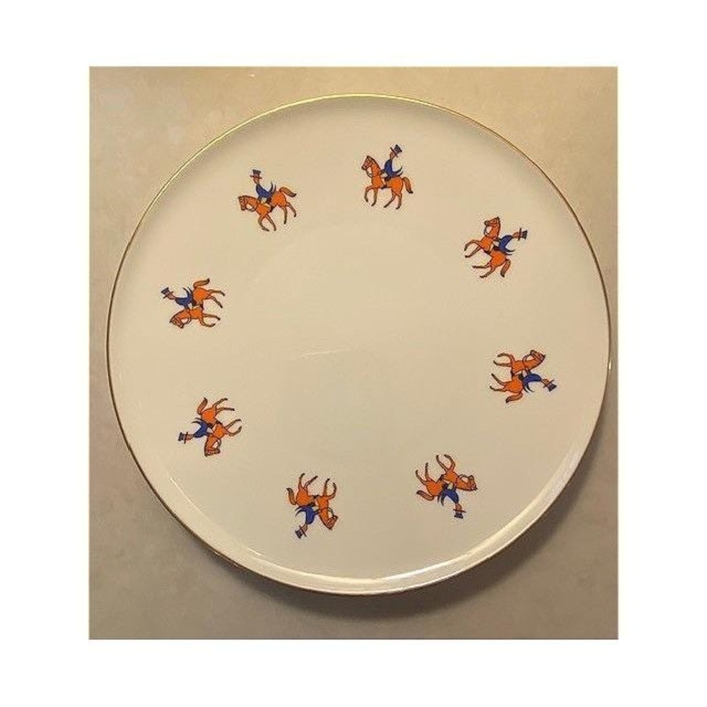 Vintage Bavaria Germany Porcelain Plate Equestrian Fox Hunt Horse Rider Gold Rim